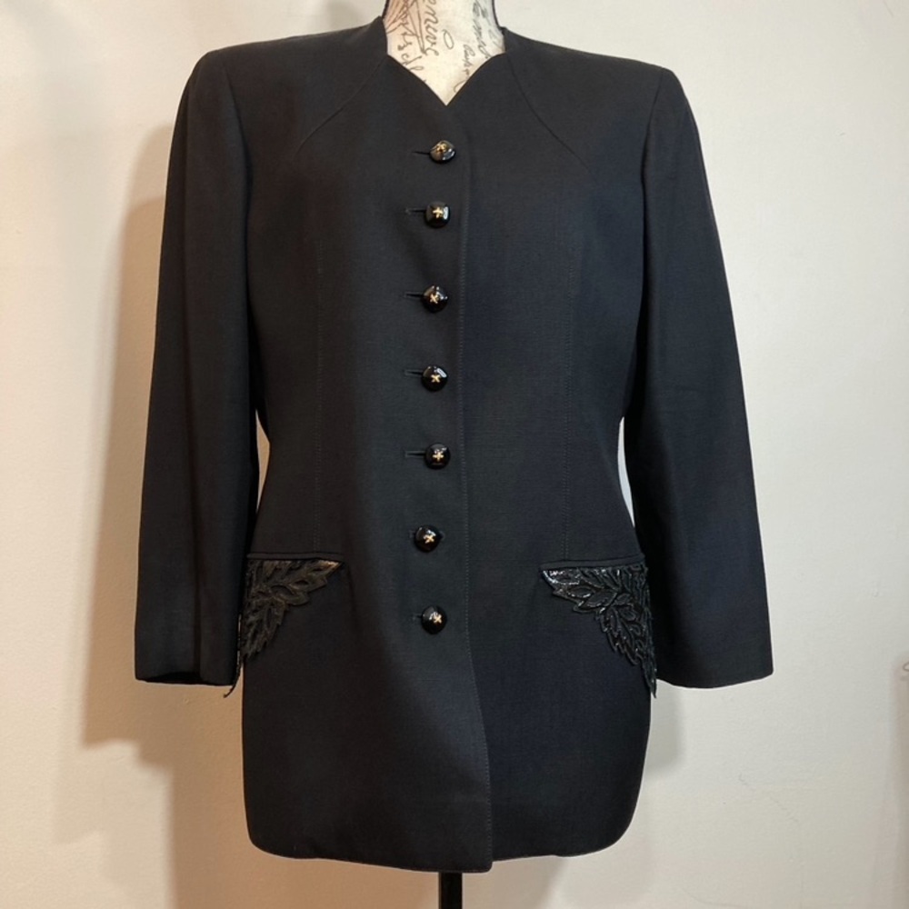 Valentino Black Blazer with Leather Botanical Cut Out Details Gold Rope Buttons